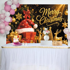 Lofaris Toile de fond de Noël scintillante avec sapin et cadeaux dorés, magnifique arrière-plan festif Merry Christmas pour studio photo