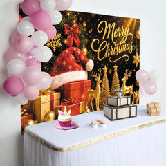 Lofaris Toile de fond de Noël scintillante avec sapin et cadeaux dorés, magnifique arrière-plan festif Merry Christmas pour studio photo