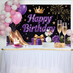 Lofaris Toile de fond anniversaire paillettes violet et or avec ballons, élégant arrière-plan de fête pour femme avec talons et roses