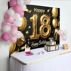 Lofaris Toile de fond noire et or pour 18e anniversaire avec ballons et étoiles, décoration élégante pour fête d'adulte et studio photo