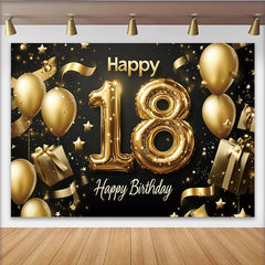 Lofaris Toile de fond noire et or pour 18e anniversaire avec ballons et étoiles, décoration élégante pour fête d'adulte et studio photo