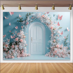 Lofaris Toile de fond de photographie porte fleurie et papillons roses, élégant arrière-plan printanier pour studio photo et événement