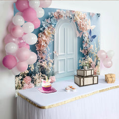 Lofaris Toile de fond de photographie porte arche florale et papillons, décor printanier rêveur pour studio photo et séance portrait