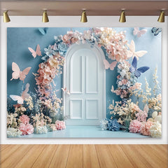 Lofaris Toile de fond de photographie porte arche florale et papillons, décor printanier rêveur pour studio photo et séance portrait
