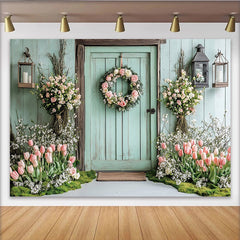 Lofaris Toile de fond porte printanière fleurie et rustique vert menthe, magnifique arrière-plan pour studio photo et événements