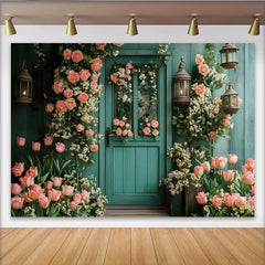 Lofaris Toile de fond porte fleurie printanière avec roses et tulipes, élégant décor de printemps pour studio et portrait