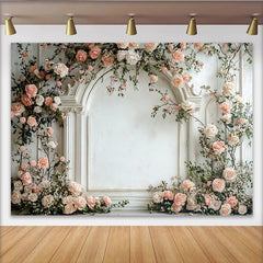 Lofaris Toile de fond de photographie florale romantique avec roses pêche et arche, élégant arrière-plan pour portrait, mariage et studio