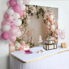 Lofaris Toile de fond pour anniversaire fleurs et ballons roses et blancs, élégant décor de fête pour studio photo ou événement
