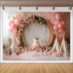 Lofaris Toile de fond rose pour 1er anniversaire avec fleurs et ballons, décor onirique pour studio photo et fête d'enfant