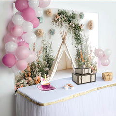 Lofaris Toile de fond de photographie tipi et fleurs pastel avec verdure, élégant décor d'ambiance naturelle pour séance photo de bébé