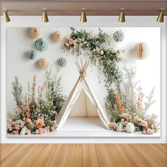 Lofaris Toile de fond de photographie tipi et fleurs pastel avec verdure, élégant décor d'ambiance naturelle pour séance photo de bébé