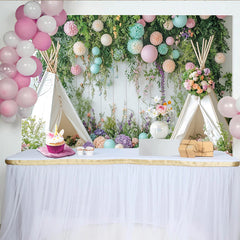Lofaris Toile de fond de photographie jardin printanier avec tipis et fleurs pastel, décor rustique pour studio photo et portraits