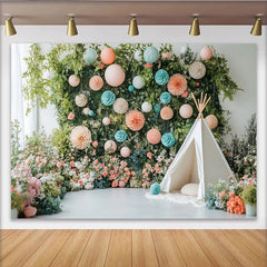 Lofaris Toile de fond de photographie jardin féerique et tente tipi, décor floral printanier pour studio photo enfants