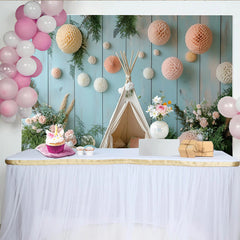 Lofaris Toile de fond de photographie bohème pour bébé avec tipi et boules, arrière-plan en bois bleu pour studio photo et baby shower