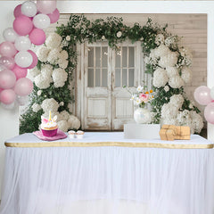 Lofaris: Toile de fond de photographie porte rustique avec hortensias blancs, élégant décor de mariage pour studio photo