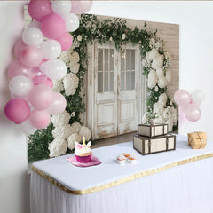 Lofaris: Toile de fond de photographie porte rustique avec hortensias blancs, élégant décor de mariage pour studio photo