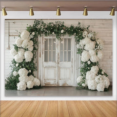Lofaris: Toile de fond de photographie porte rustique avec hortensias blancs, élégant décor de mariage pour studio photo