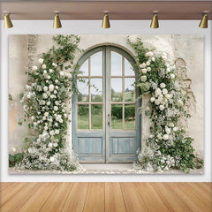 Lofaris Toile de fond de photographie porte arche fleurie blanche et verdure, élégant arrière-plan rustique pour studio photo et événement