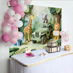 Lofaris Toile de fond pour baby shower safari avec animaux en papier et jeep, décor de jungle pour anniversaire enfant et studio photo