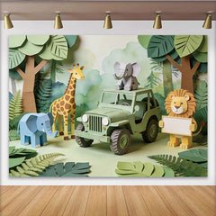 Lofaris Toile de fond pour baby shower safari avec animaux en papier et jeep, décor de jungle pour anniversaire enfant et studio photo
