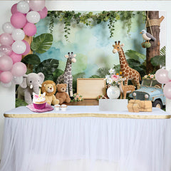 Lofaris Toile de fond pour baby shower safari avec animaux en peluche et feuillage, décor de jungle pour studio photo et fête d'enfants