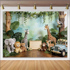 Lofaris Toile de fond pour baby shower safari avec animaux en peluche et feuillage, décor de jungle pour studio photo et fête d'enfants