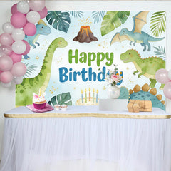 Lofaris Toile de fond pour anniversaire dinosaures de la jungle, décor de fête préhistorique avec volcan et gâteau pour séance photo