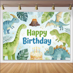 Lofaris Toile de fond pour anniversaire dinosaures de la jungle, décor de fête préhistorique avec volcan et gâteau pour séance photo