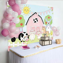 Lofaris Toile de fond pour anniversaire animaux de la ferme rose et mignonne avec tracteur et grange, magnifique décor de fête
