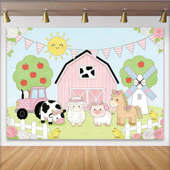 Lofaris Toile de fond pour anniversaire animaux de la ferme rose et mignonne avec tracteur et grange, magnifique décor de fête