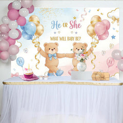 Lofaris Toile de fond pour baby shower révélation de genre avec oursons et ballons bleus et roses, décor de fête prénatale pour studio photo