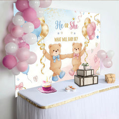 Lofaris Toile de fond pour baby shower révélation de genre avec oursons et ballons bleus et roses, décor de fête prénatale pour studio photo