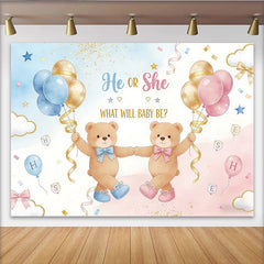 Lofaris Toile de fond pour baby shower révélation de genre avec oursons et ballons bleus et roses, décor de fête prénatale pour studio photo