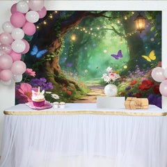 Lofaris Toile de fond de photographie forêt enchantée avec papillons et lumières féeriques, magnifique décor floral pour studio photo