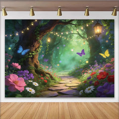 Lofaris Toile de fond de photographie forêt enchantée avec papillons et lumières féeriques, magnifique décor floral pour studio photo