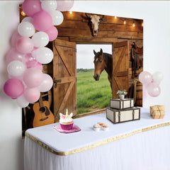 Lofaris Toile de fond de photographie western avec cheval et grange rustique en bois, décor de studio polyvalent pour portrait
