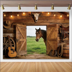 Lofaris Toile de fond de photographie western avec cheval et grange rustique en bois, décor de studio polyvalent pour portrait