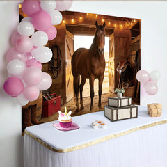 Lofaris Toile de fond de photographie western avec cheval et grange rustique, décor de ferme avec lumières et ambiance ranch pour studio