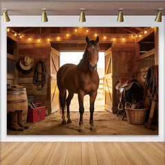 Lofaris Toile de fond de photographie western avec cheval et grange rustique, décor de ferme avec lumières et ambiance ranch pour studio