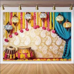 Lofaris Toile de fond de photographie indienne avec lanternes et tambours, motif cachemire, décor ethnique pour célébration et studio photo