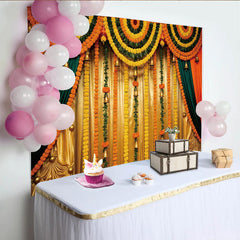 Lofaris Toile de fond de mariage avec guirlandes de soucis et clochettes, décor festif traditionnel pour cérémonie