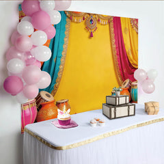 Lofaris Toile de fond de Diwali aux couleurs vives et tentures brodées, élégant décor de fête avec instruments pour studio photo