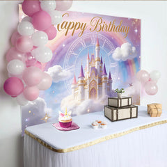 Lofaris Toile de fond pour anniversaire château de princesse arc-en-ciel, décor de fête magique avec nuages et paillettes dorées