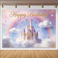 Lofaris Toile de fond pour anniversaire château de princesse arc-en-ciel, décor de fête magique avec nuages et paillettes dorées