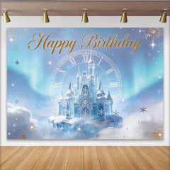 Lofaris Toile de fond Joyeux Anniversaire château féerique bleu et or avec horloge, magnifique arrière-plan de princesse pour fête d'enfants