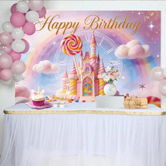 Lofaris Toile de fond joyeux anniversaire château de bonbons arc-en-ciel pour enfant, magnifique décor de fête avec sucettes et nuages
