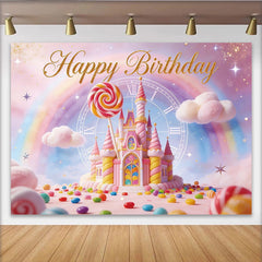 Lofaris Toile de fond joyeux anniversaire château de bonbons arc-en-ciel pour enfant, magnifique décor de fête avec sucettes et nuages