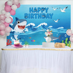 Lofaris Toile de fond anniversaire requin joyeux avec vagues et poissons, décor sous-marin coloré pour fête d'enfants et studio photo