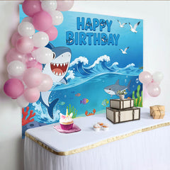 Lofaris Toile de fond anniversaire requin joyeux avec vagues et poissons, décor sous-marin coloré pour fête d'enfants et studio photo