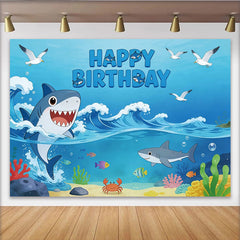 Lofaris Toile de fond anniversaire requin joyeux avec vagues et poissons, décor sous-marin coloré pour fête d'enfants et studio photo